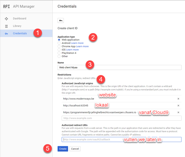 Google Developer Console - Credentials - Create client ID